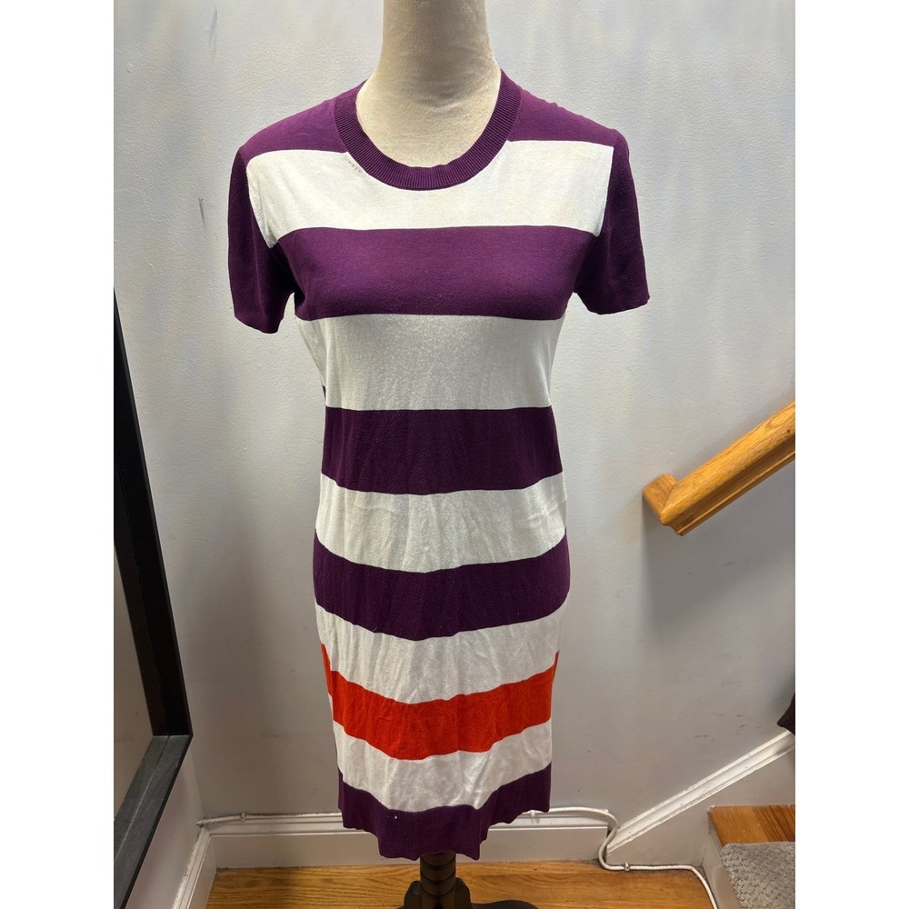 Lacoste Striped Sweater Dress Womens 42 Purple White Orange Knit Short Sleeve EX